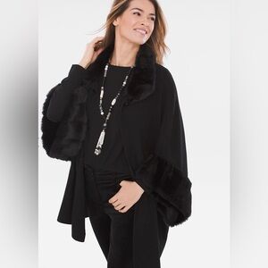 Chicos Black Faux Fur Trimmed Ruana Wrap Women’s Shawl Poncho Kimono One Size